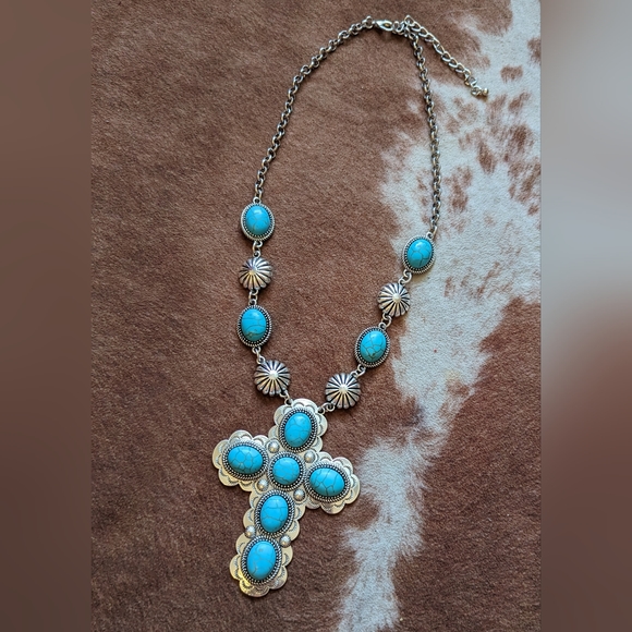 New Imitation Blue Turquoise Stone Cross Pendant Necklace - Picture 8 of 8